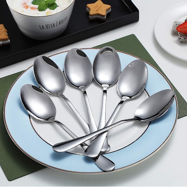 Set med 6 rustfrie stålsuperskjeer, 18,5 cm, egnet for suppe og dessert, tåler oppvaskmaskin