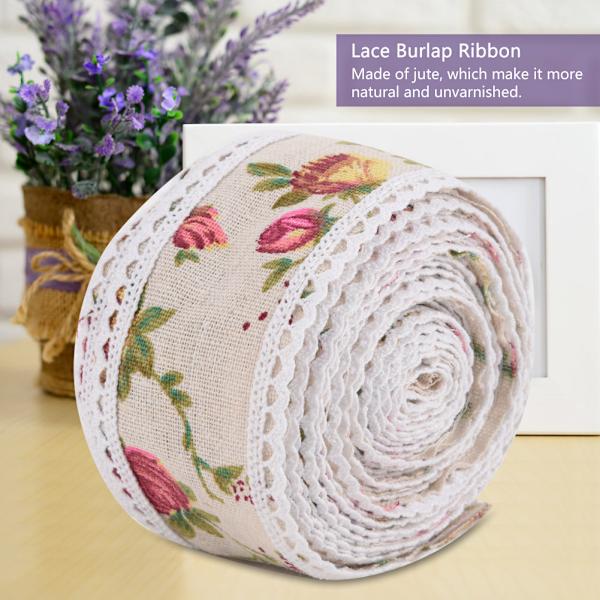 Gör-det-själv Printed Blomma Säckväv Band Hessian Jute Bältesrem Bröllopstygdekoration 5m