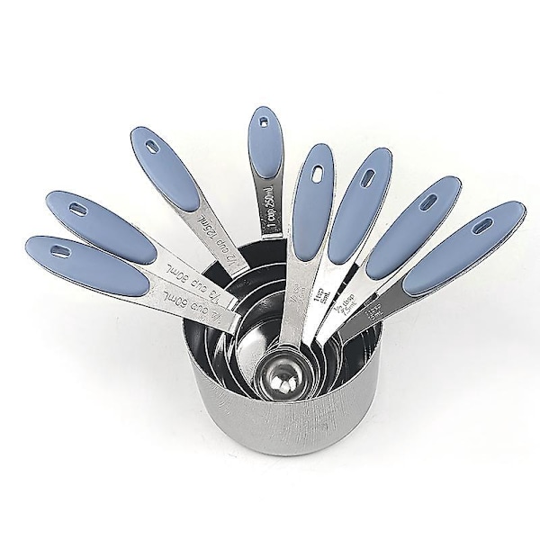 Måleskjeer og målebeger i rustfritt stål, 8 deler, stabelbare, premium for matlaging, baking, gaver, tørre og flytende ingredienser