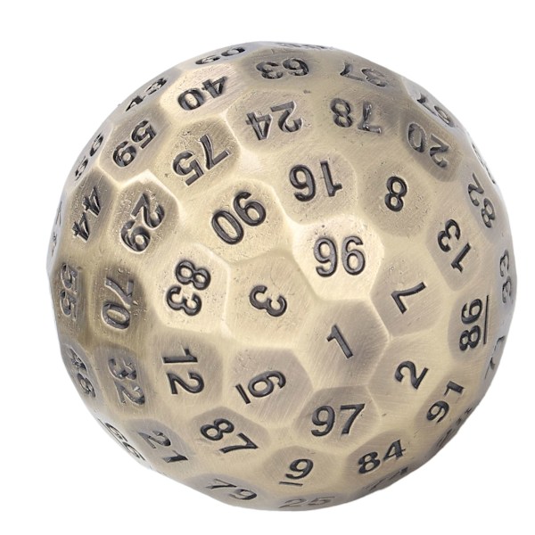 100-sidig polyhedral tärning i metall, 5 cm i diameter, lättläst, med sammetspåse, för personer över 14 år, mässingsfärg