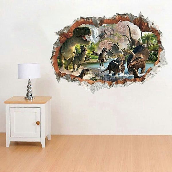Dinosaurier i floden 3D Väggdekor 3D Exteriör Sprucken Väggdekor Avtagbar DIY Vinyl Vägg Vardagsrum Sovrum Hemdekal