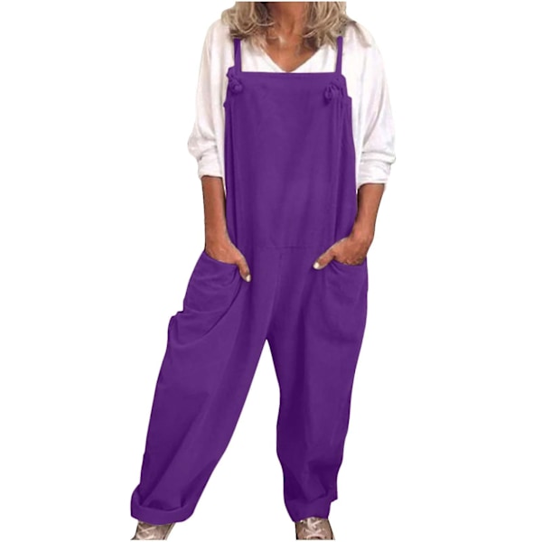 Casual Løs Dame Overalls Jumpsuit Bomuld Linned Romper S Lilla