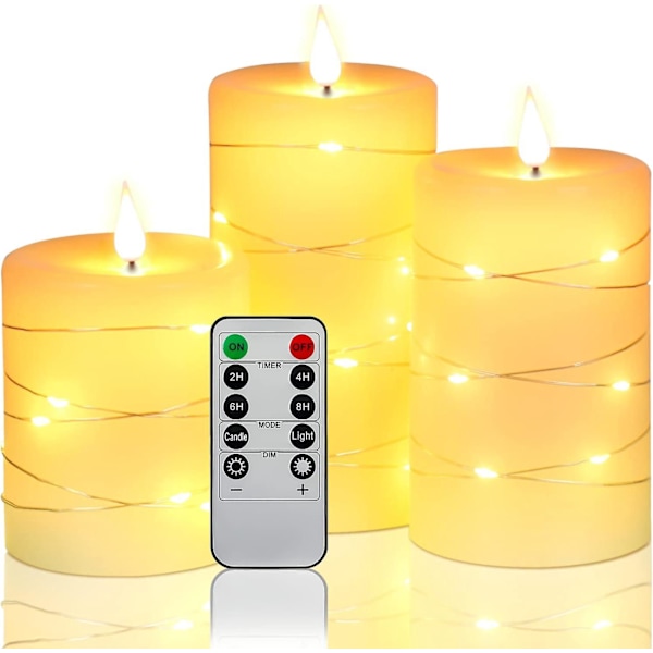 Flamlösa LED-ljus med ljusslingor - Set om 3, fjärrkontroll och timerfunktion