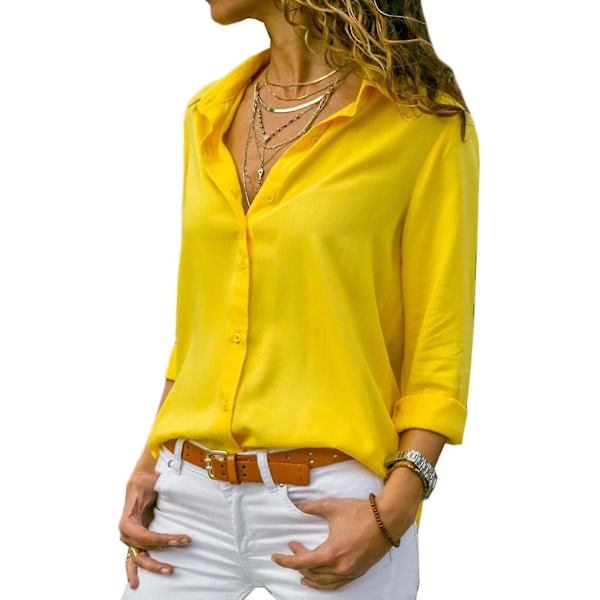 Yellow XL Women's Solid Button Down Lapel Shirt