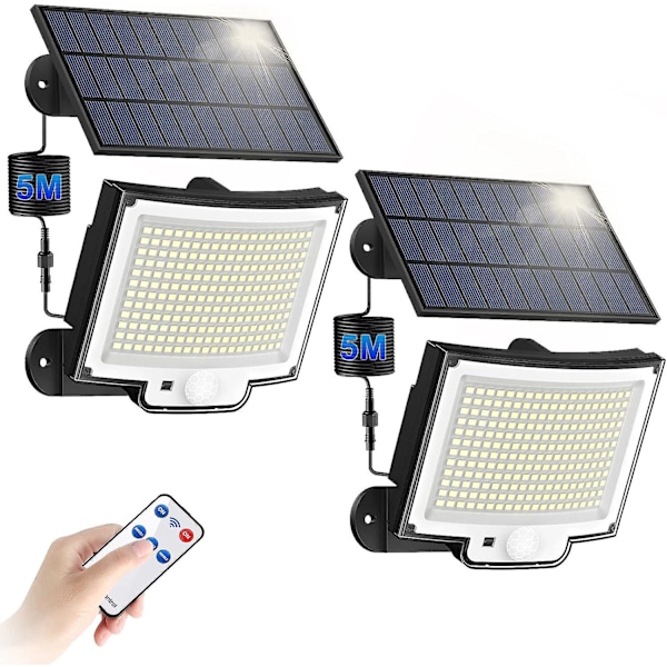Utomhus solcellslampa - 2-pack, rörelsesensor, 228 LED, 3 lägen, fjärrkontroll, IP65 vattentät