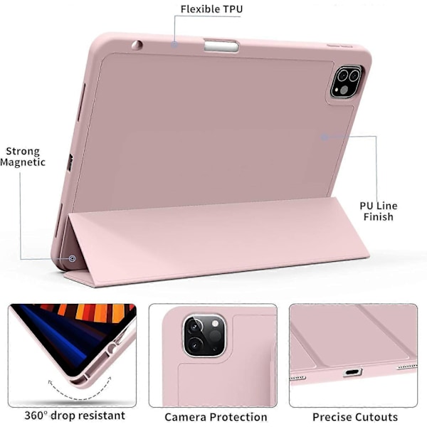 Rosa, Skyddsfodral för iPad Pro 11-tum (18/20/21/22), med Pennhållare, Ultratunt Tredelat Smart Cover, Stöder Pennladdning, Automatisk Sleep/Wake