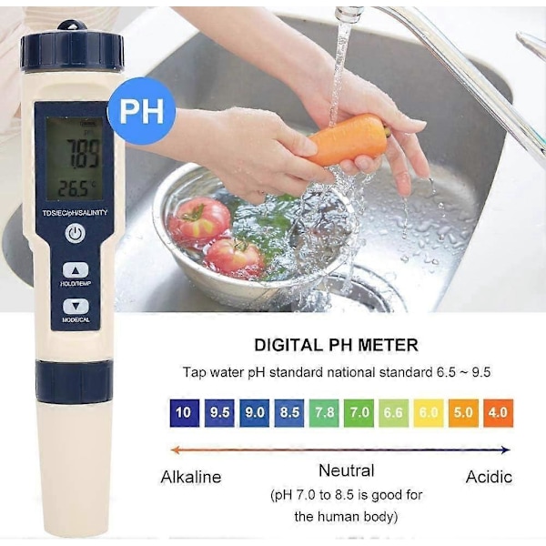 5 i 1 Multifunktionell PH-mätare, Portabel Digital Vattenkvalitetstestare