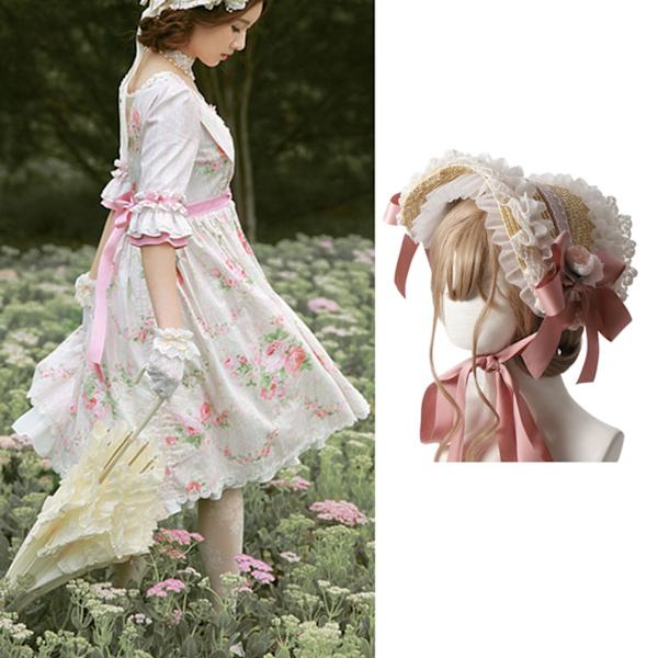 Te-party solhatt halmflätad spetsband rosett blommor söt dam Victorian solhatt för eftermiddagste vinröd fri storlek