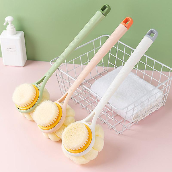 Eksfolierende kroppsbørste med bust og loofah, langt buet håndtak, dusj- og massasjebørste, våt eller tørr bruk
