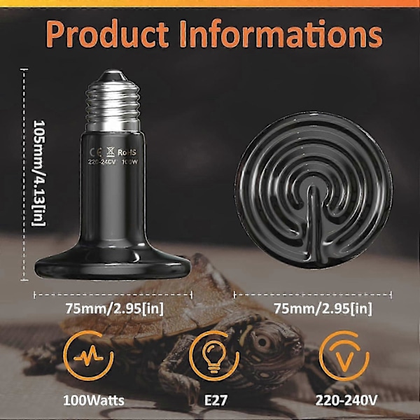 100W Terrarium Reptil Varme Pære, Keramisk Varmelegeme, Intet Lys E27 Sort Keramisk Varmelampe Kæledyr Keramisk Varmepære, 2 Pak_SZXM