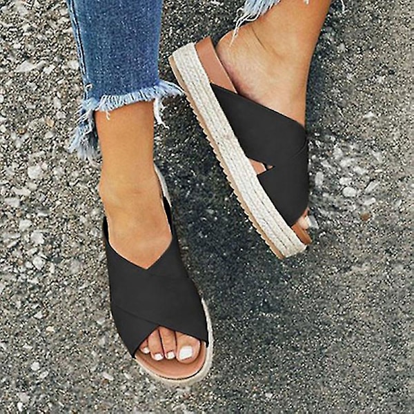 Kraftige sorte platåsåler Espadrilles kilesandaler for kvinner EU 36