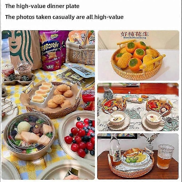 Flätad tallrik i rottingträ för förvaring av snacks, nötter, frukttallrik, amerikansk picknicktallrik Zekai 22cm-3cm