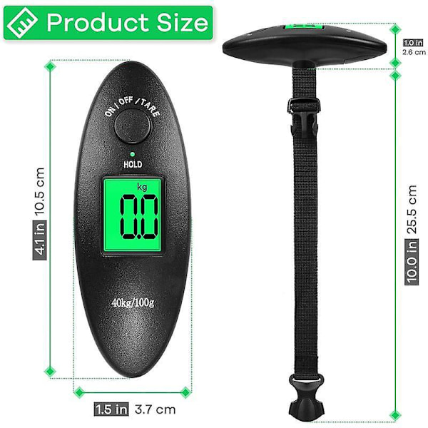 Mini digital bagagevåg med krok - LCD-display - Med bakgrundsbelysning - För resväska, kök, fiske - 40 kg