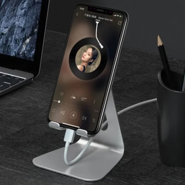 Tabletholder i aluminiumlegering, lett, sølv, skrivebordsholder for nettbrett, mobiltelefonholder