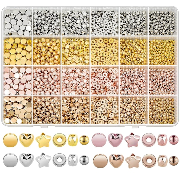 2160 Deler Gull Spacer Perler Sett, Assorterte Armbåndsperler Runde Perler Stjerneperler Gullperler for Armbånd Smykkelaging (Gull, Sølv, Rosegull, KC G