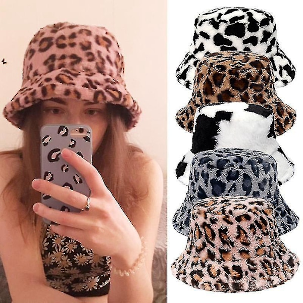 Leopardmönstrad konstpäls vinterhinkhatt för kvinnor - Grå