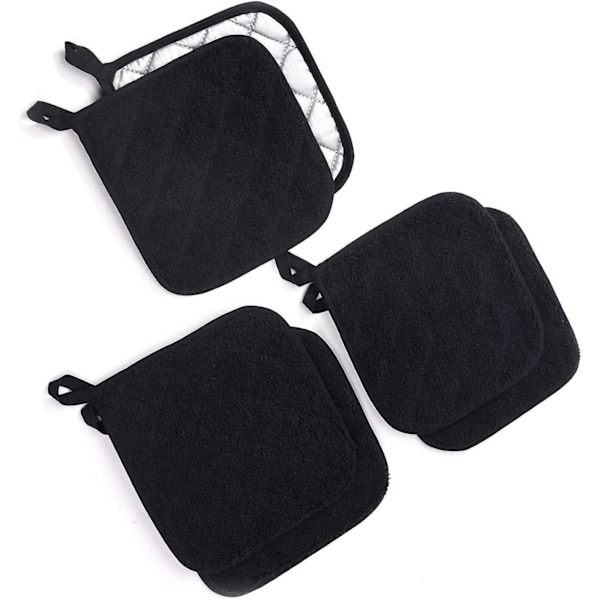 6-pak Varmebestandige Grydelapper til Køkken Ren Bomuld, 18 x 18 cm til Madlavning og Bagning Farve: Sort