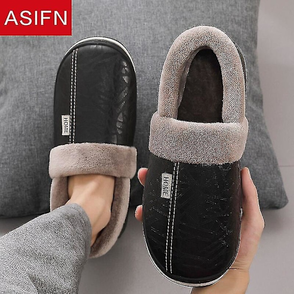 Vinter Vandtætte Herre Læder Slippers - Stor Størrelse, Pelsforet, Indendørs/Udendørs, Par Hjemmesko 40-41(passer 39-40) Rød-B
