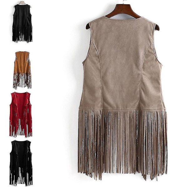 Fringe-prydda, ärmlös hippiejacka i konstläder, öppen framtill - Khaki M