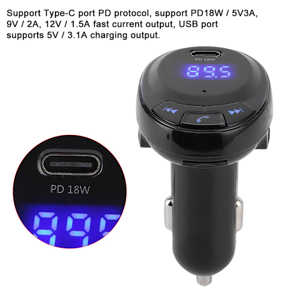 BT09 12V Bluetooth langaton FM-lähetin Mp3-soitin Type-C pikalataus PD 18W Auton laturiMusta