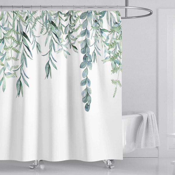 Bruseforhæng Vandtæt Skimmelsikker Badeværelsesforhæng Polyester Grønt Blad Plante Print Vaskbart med 12 C-kroge til Hjemme Badekar Brusekabine (180CM x