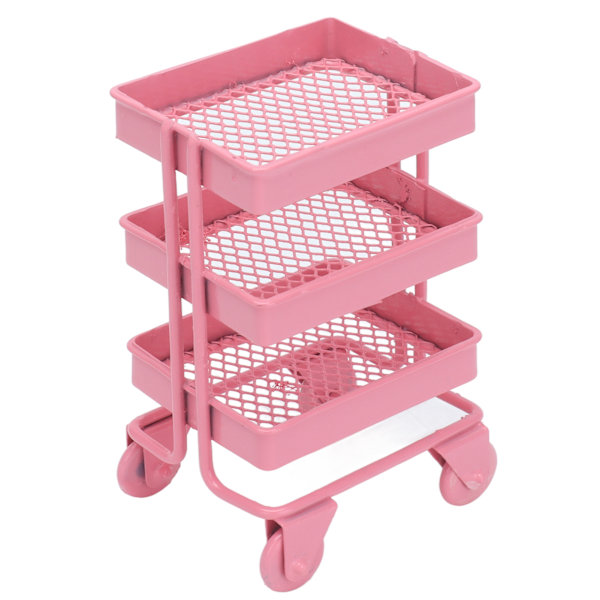 1:12 Miniatyrdockhusleksak 3-nivåers förvaringsställ med hjul för dockhusköksdekorationRosa