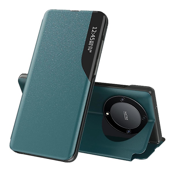 kompatibel Honor Magic 5 Lite 5g /x9a 5g PU Lær Shell Side View Vindus Stativ Deksel Telefon Cover - D Grønn