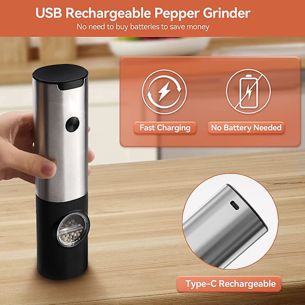 Elektrisk Salt- og Pepperkvernsett - Påfyllbar, Justerbar Grovhet, LED-lys, USB-oppladbar