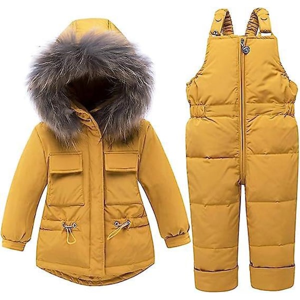 Lasten talvinen set , jossa puffitakki, hupullinen takki, lumihousut ja ruokalappu 100 cm:n korkeudelle