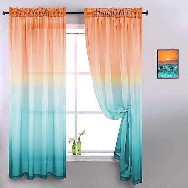 132*213 cm orange og grøn Øjettyl Gardiner Semi-Transparent Indvendig Gardiner til Soveværelse Stue Hjem