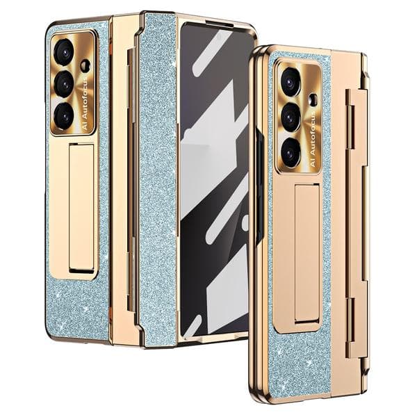 Fodral för Samsung Z Fold 7, med stödfot, gångjärnsskydd, strassglitter Blue
