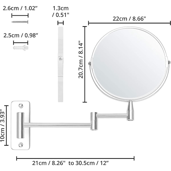 Kääntyvä ja ulosvedettävä seinään kiinnitettävä suurennuspeili - 5x suurennos - Ruostumattomasta teräksestä valmistettu kaksipuolinen kylpyhuonepeili
