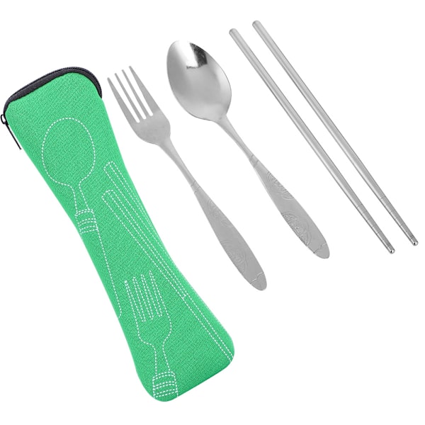 Bärbar sked i rostfritt stål ätpinnar med förvaringsväska Camping set(grön)