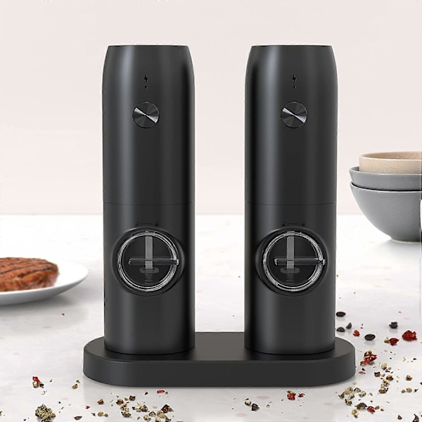 Elektrisk Salt- och Pepparkvarn Set Uppladdningsbar med Bas, Automatisk Salt- och Pepparkvarn Påfyllningsbar Kryddkvarn Set 2 med Justerbar Grovhet & LED