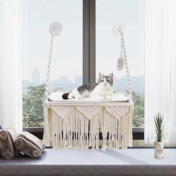Kattfönsterbräda Makramé Katthängmatta Boho Väggmonterad Husdjursviloplats Säng - Vikt upp till 16 kg.