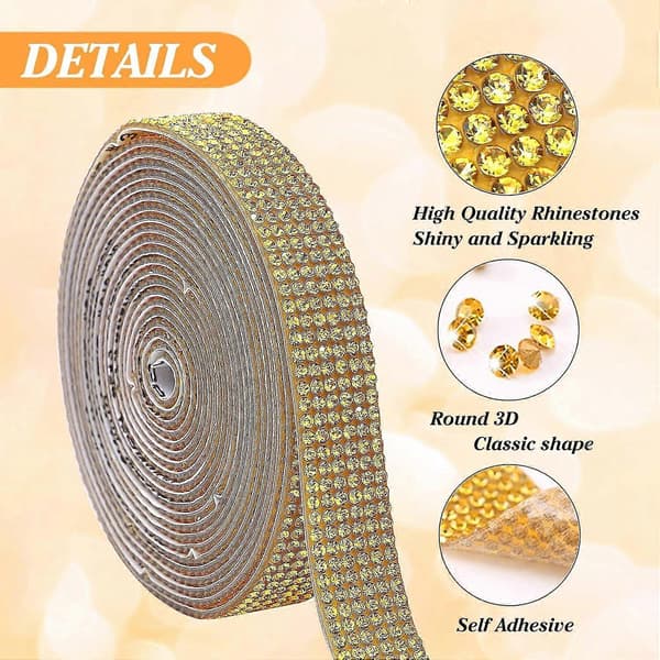 Self-Adhesive Rhinestone Tape, 1 Roll, for DIY, Car, Home, Wedding (Golden)