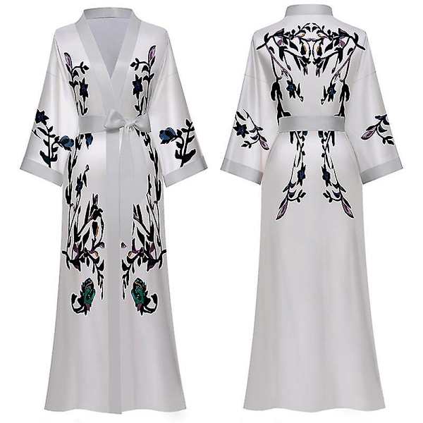 Blomsterprint Kimono Morgenkåbe - Elegant Satin Robe til Kvinders Bryllups Pyjamas Fest (One Size: 45kg-90kg)