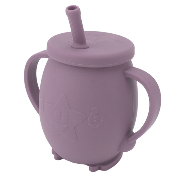230 ml silikon treningskopp for småbarn med sugerørlokk, sklisikre håndtak, sølefri treningskopp for baby, småbarn, spedbarn, lilla