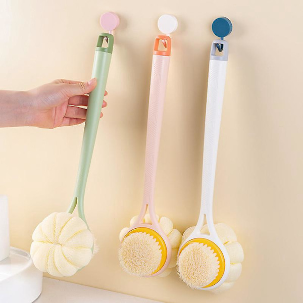 Eksfolierende kroppsbørste med bust og loofah, langt buet håndtak, dusj- og massasjebørste, våt eller tørr bruk