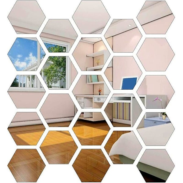 24 Stycken Hexagon Akryl Spegel Väggdekaler Självhäftande Väggdekor för Hem, Vardagsrum, Sovrum (12.6 x 11 x 6.3 cm)