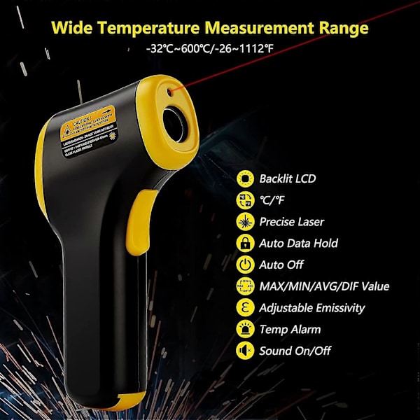 Infrarødt Termometer, INK-IFT04 Berøringsfritt Digitalt Industrielt Termometer -32 til 600 Alarm og Justerbar Emissivitet, Infrarødt Termometer for Kjøkken