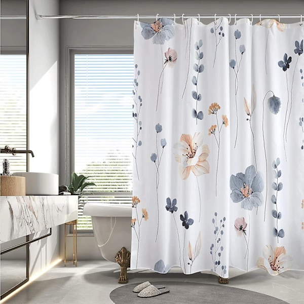 Dekorativt vannfarget blomster dusjforhengsett, blå beige blomster dusjforheng, moderne minimalistisk hvitt dusjforheng, vanntett stoff, 12 kroker