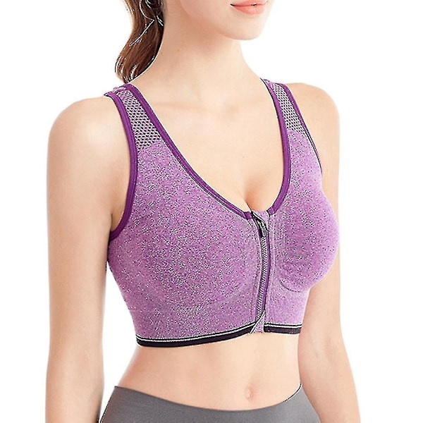 Women's Breathable Zip Front Sports Bra - Shockproof and Wirefree for Running, Yoga, and More M Purple