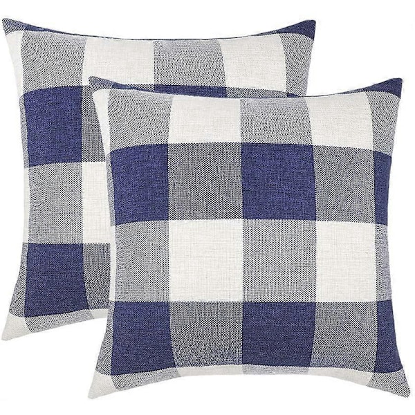 Sett med 2 Farmhouse Buffalo Check Plaid Pynteputetrekk Putetrekk Polyester Lin for Sommer Hjem Dekor Marineblå og Hvit, 18 x 18 Tommer