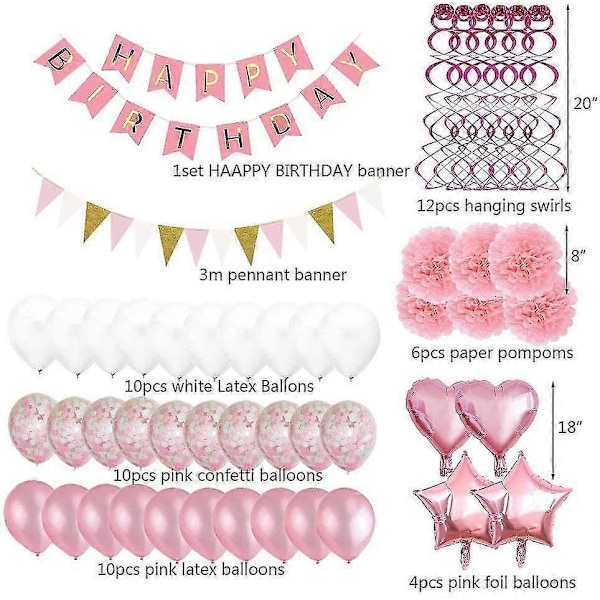 Pink Dekoration Bånd Tillykke med Fødselsdagen Guirlande Banner Stjerner Hvirvel Papir Pomponer Fest Familie Hjem Party Dekoration Partyartikler