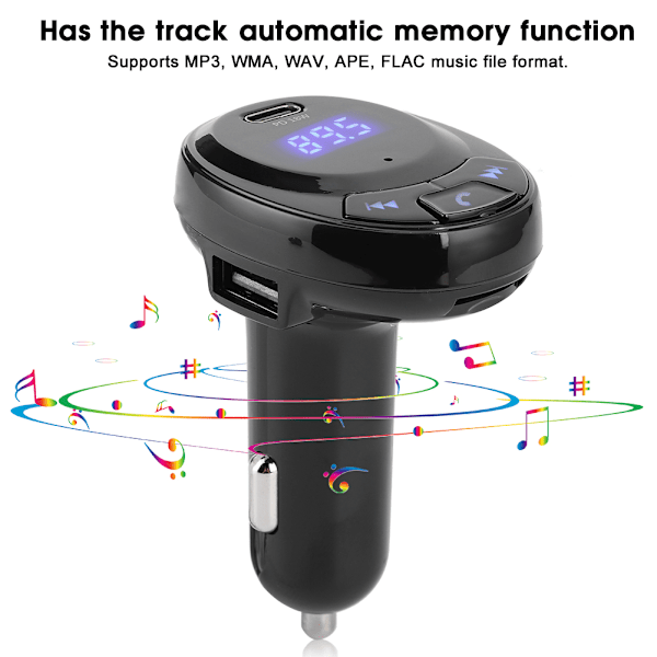 BT09 12V Bluetooth langaton FM-lähetin Mp3-soitin Type-C pikalataus PD 18W Auton laturiMusta