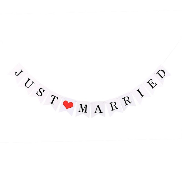 Vintage Just Married -valokuvausteltta-bannerit ja -kranssi hääsuihku-koristeluun, valkoinen
