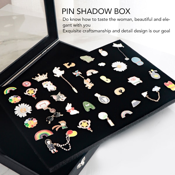 Gennemsigtig Støvtæt Pin Shadow Box til Military Medal Smykker Pin Badge Collection - Sort PU læder (35x24x5cm) 35*24*5cm