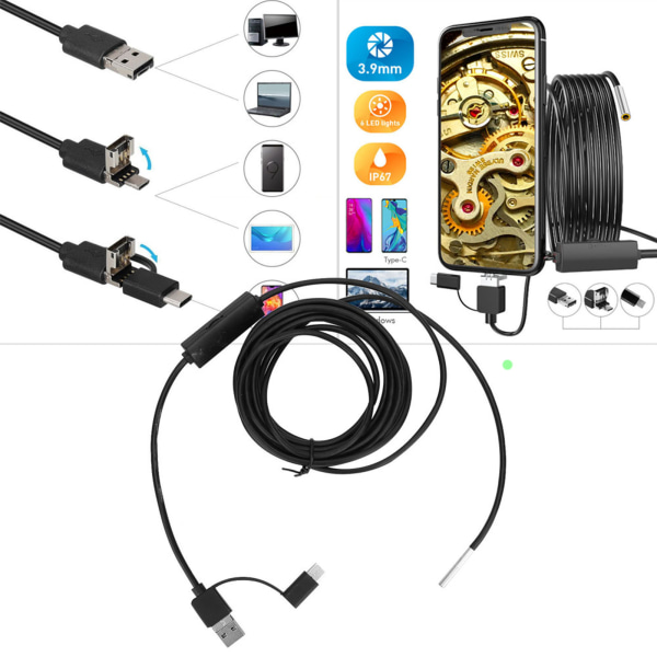3 in 1 Android TypeC -matkapuhelimelle 3,9 mm:n linssi High Definition Waterproof Endoscope (5 m kaapeli)