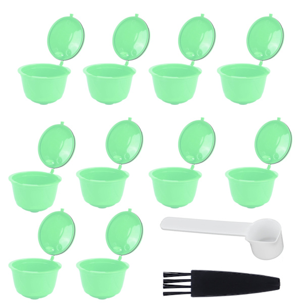 Kaffekapselset i rostfritt stål för DOLCE GUSTO-kaffemaskin (grön, 10 kapslar, 1 sked, 1 borste)